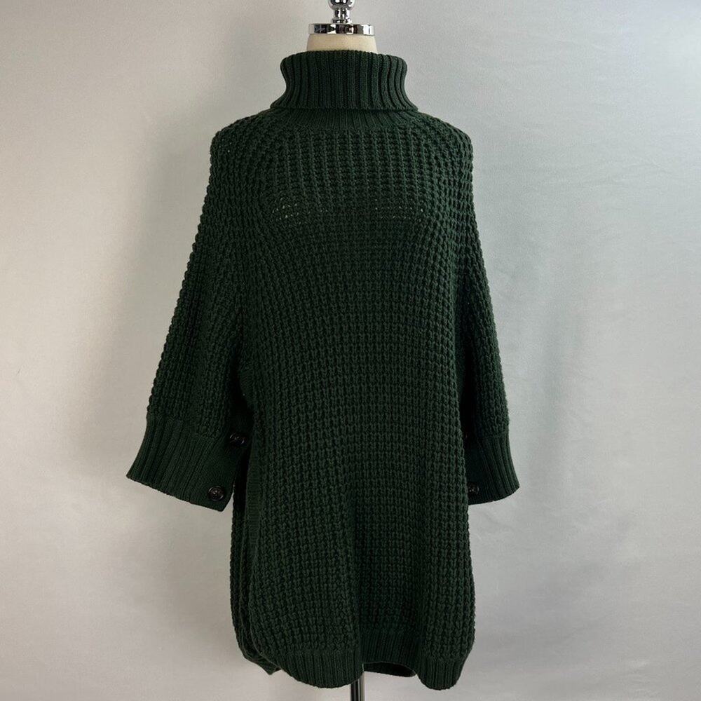 J. Crew Green Button Sleeve Turtleneck Oversized Crochet Poncho Sweater S